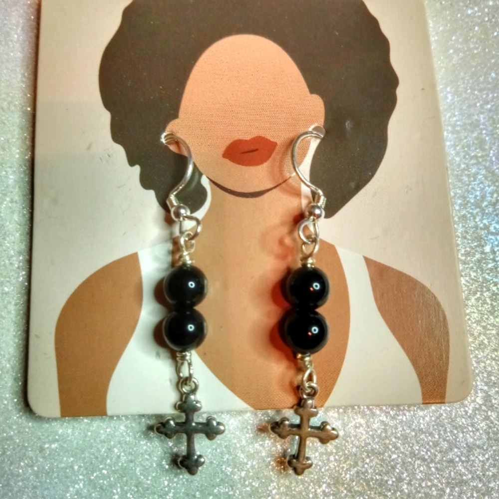 Sterling Silver Black Onyx Dangle Earrings with a Cross charm